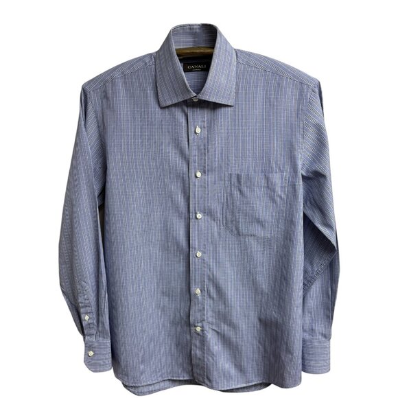 Canali Blue Plaid Luxe Cotton Italy Button Up Dress Shirt - Picture 5 of 8